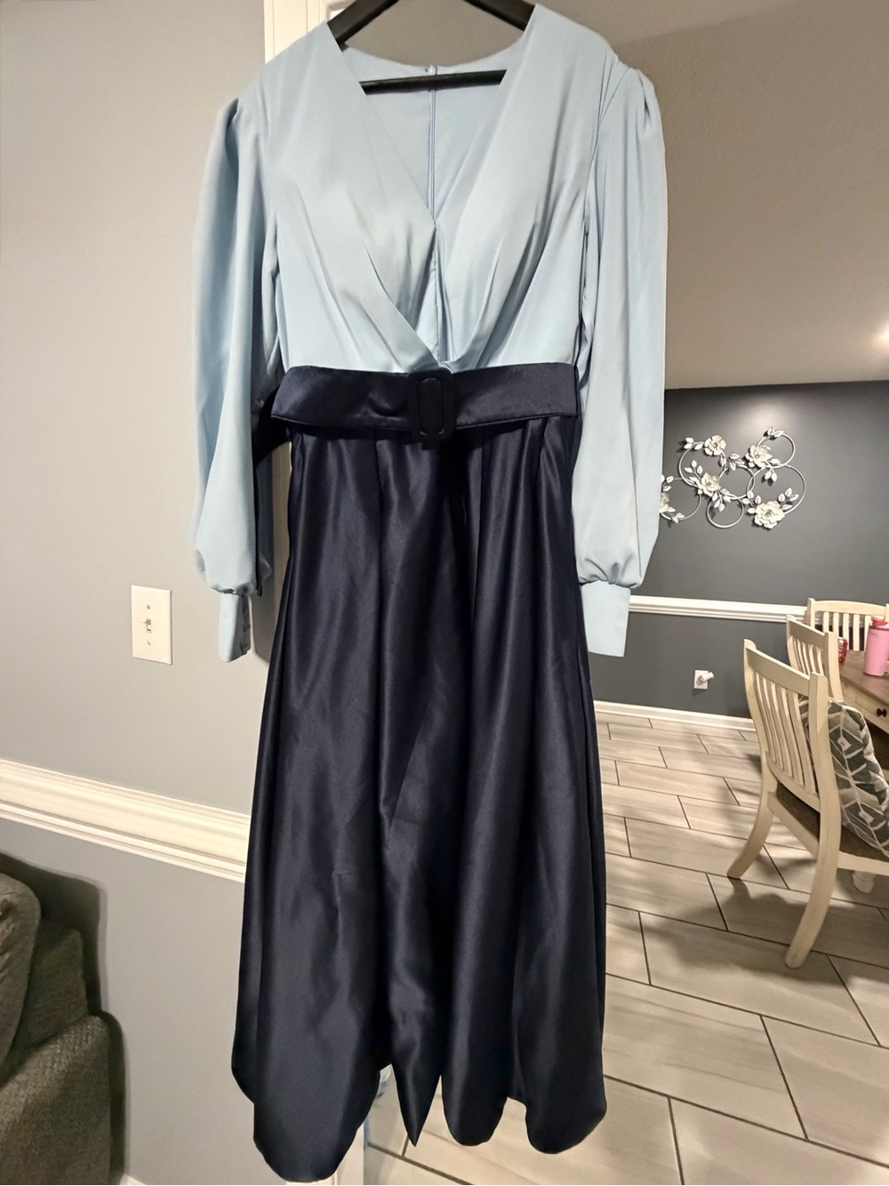 Women’s Two-Tone Satin Dress with Belt - Light Blue & Navy Dress